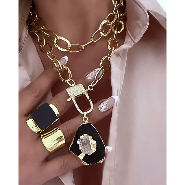Collar XL Turmalina Negra Cuarzo Broche Candado Luxury gold 