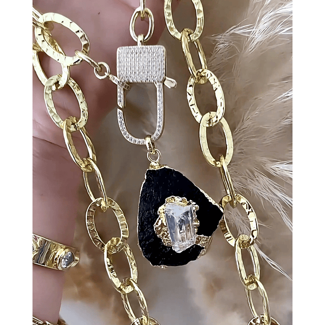 Collar XL Turmalina Negra Cuarzo Broche Candado Luxury gold 