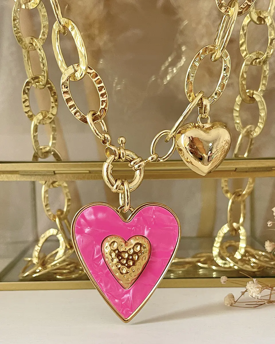 Collar XL Maxi Corazón Pink Maxi Eslabones Martillados Gold 6