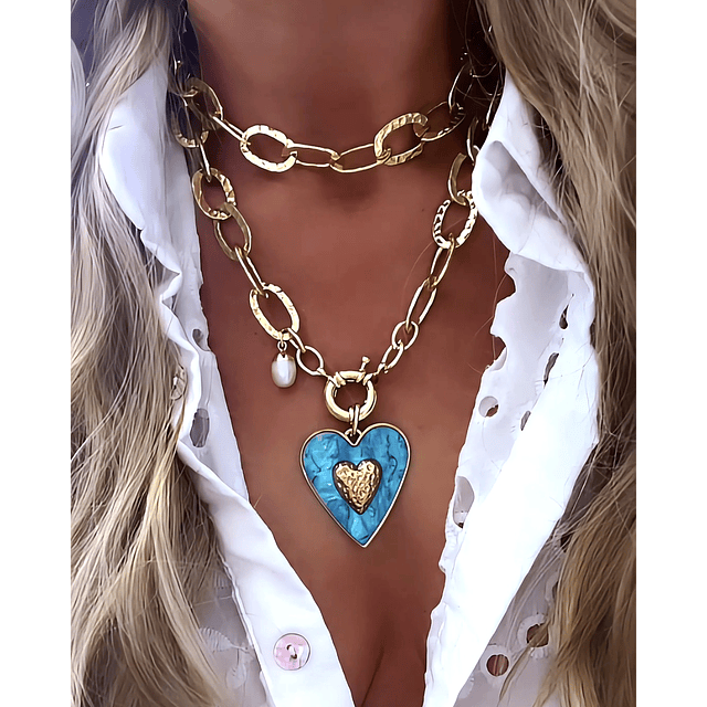 Collar XL Maxi Corazón White Maxi Eslabones Martillados Gold- COPIAR