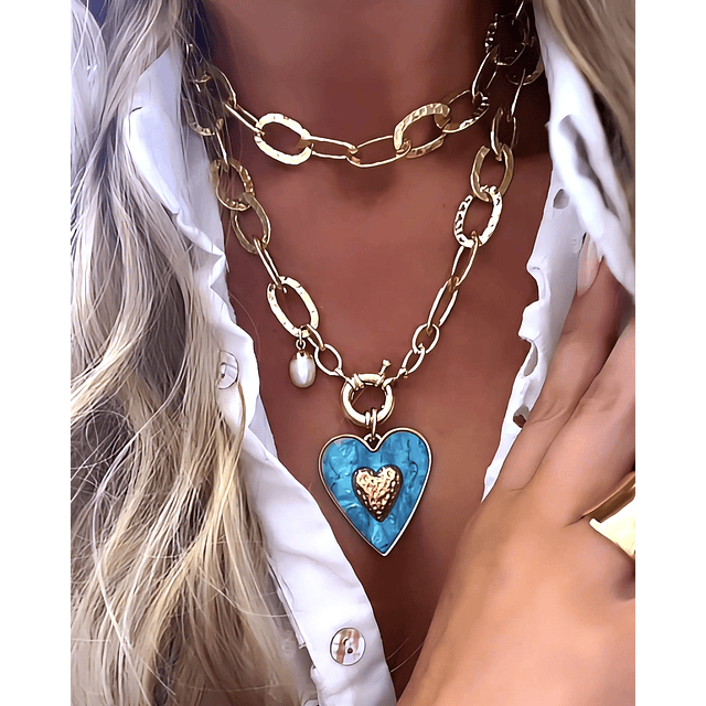 Collar XL Maxi Corazón White Maxi Eslabones Martillados Gold- COPIAR