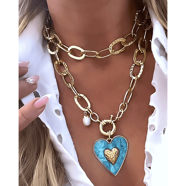 Collar XL Maxi Corazón White Maxi Eslabones Martillados Gold- COPIAR