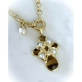Collar Cruz Ojo de Tigre Perlas Gold