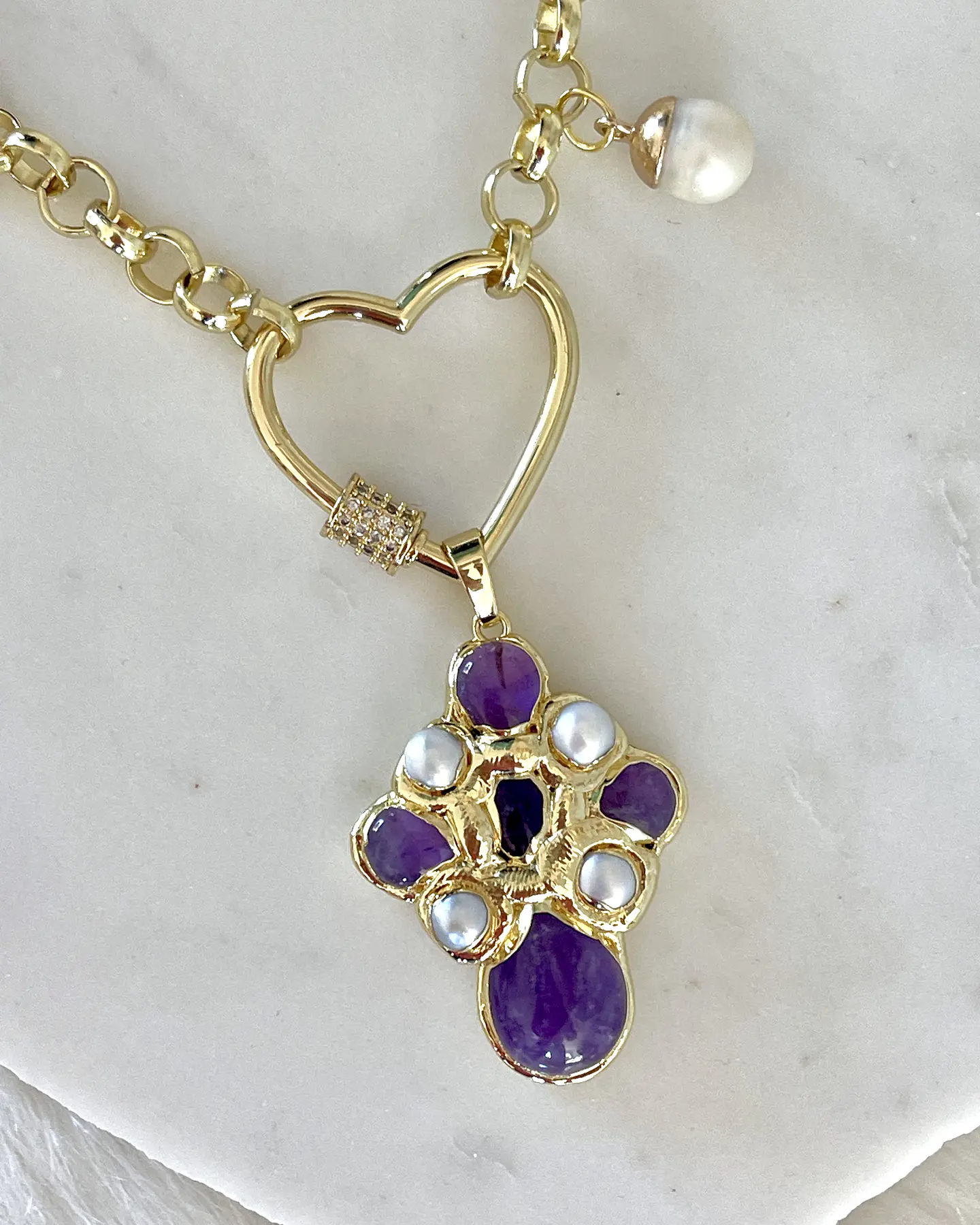 Collar Cruz Amatista Perlas conector corazón Gold 5