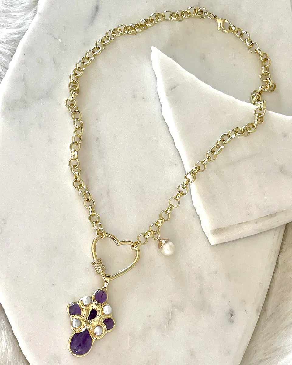 Collar Cruz Amatista Perlas conector corazón Gold 6