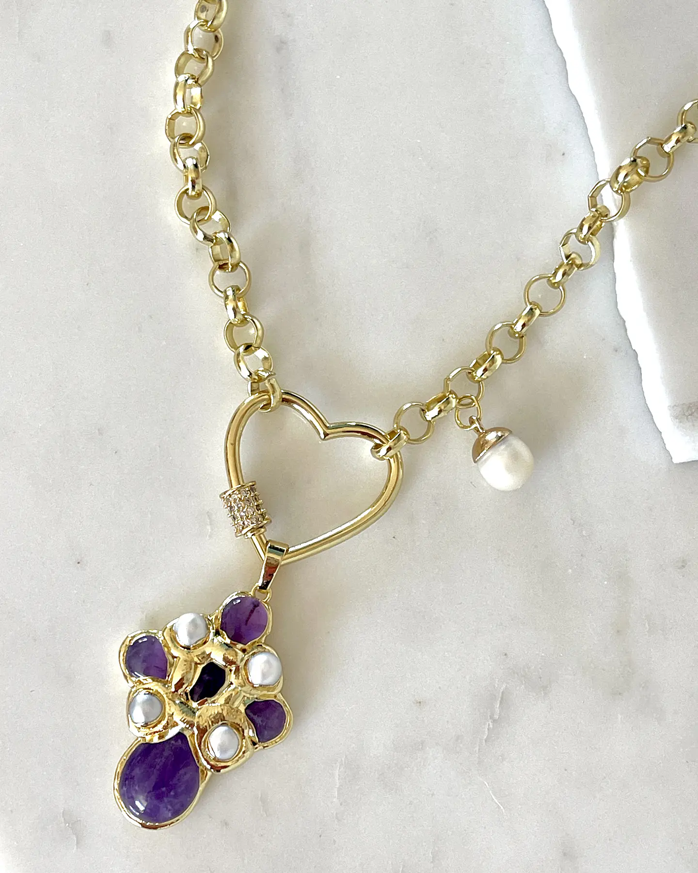 Collar Cruz Amatista Perlas conector corazón Gold 7