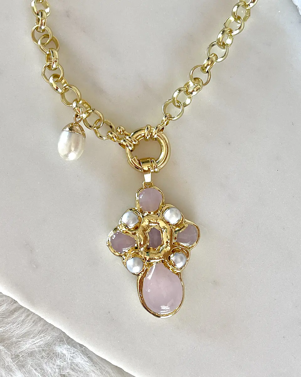 Collar Cruz Cuarzo Rosa Perlas Gold 8