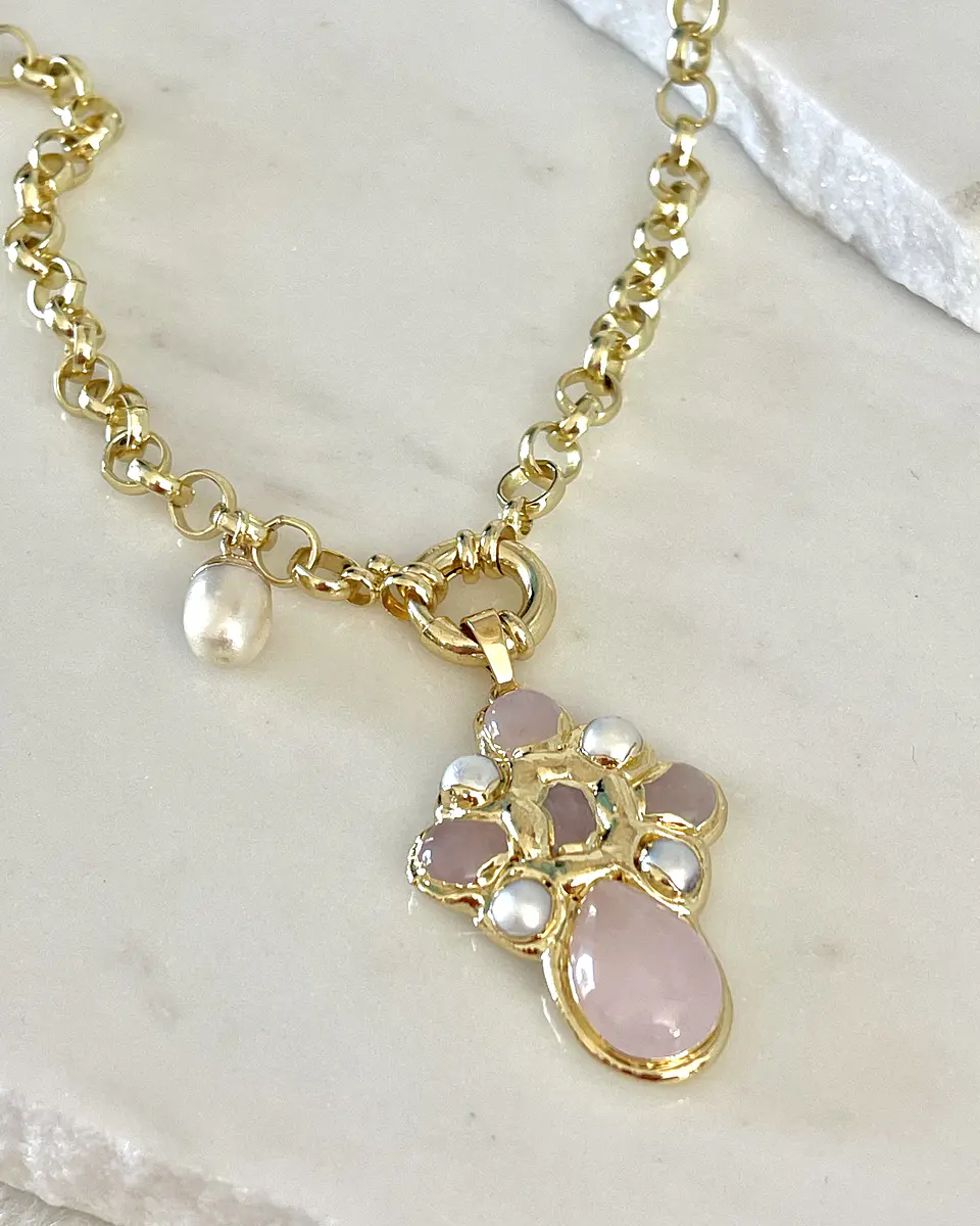 Collar Cruz Cuarzo Rosa Perlas Gold 6