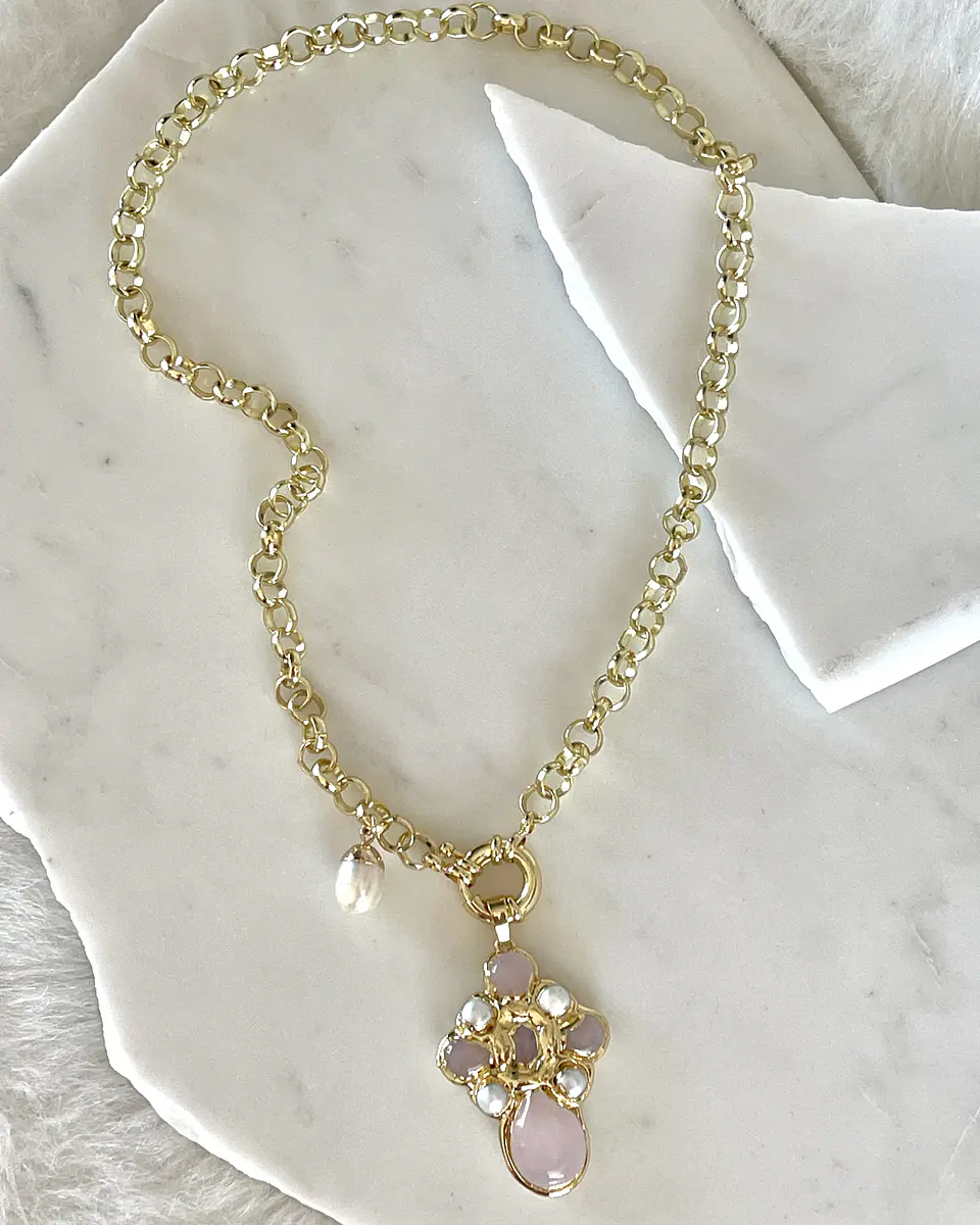 Collar Cruz Cuarzo Rosa Perlas Gold 7