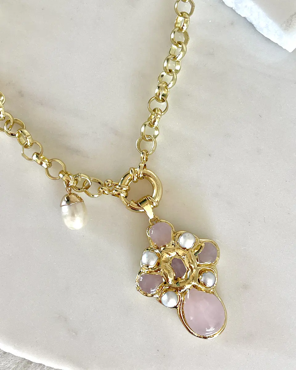 Collar Cruz Cuarzo Rosa Perlas Gold 10