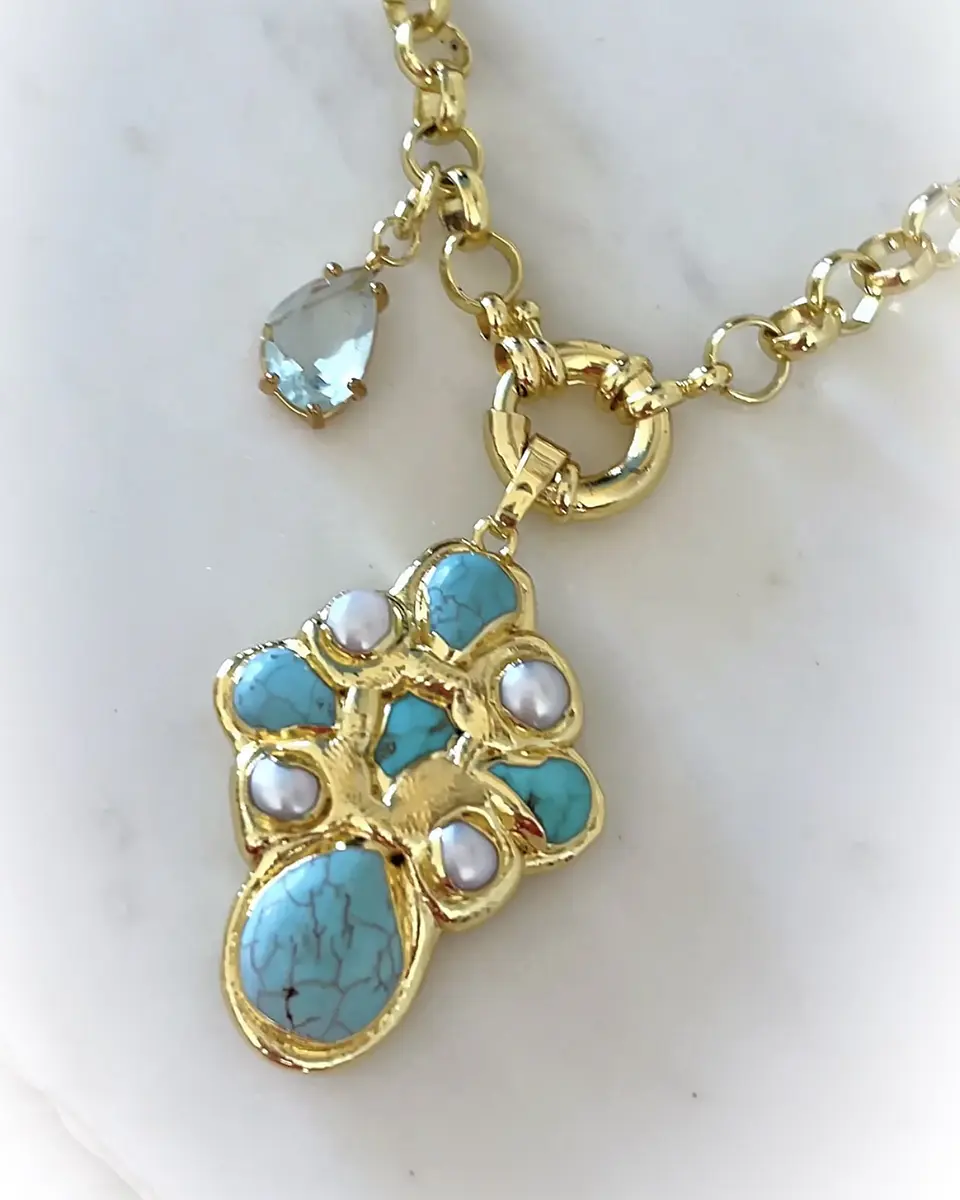 Collar Cruz Turquesa Perlas cristal Gold 8