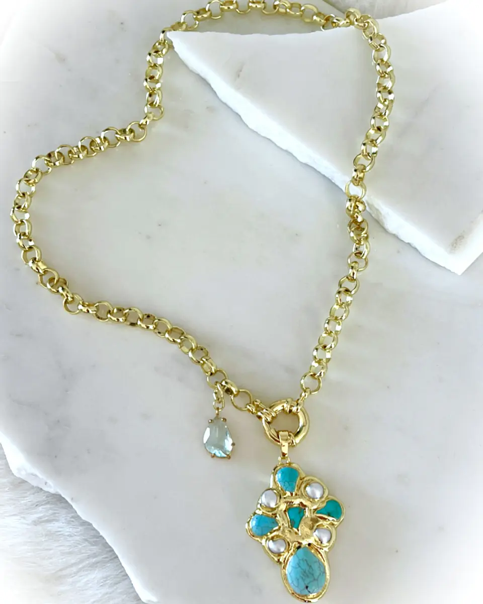 Collar Cruz Turquesa Perlas cristal Gold 2