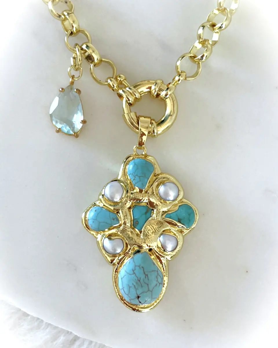 Collar Cruz Turquesa Perlas cristal Gold 5