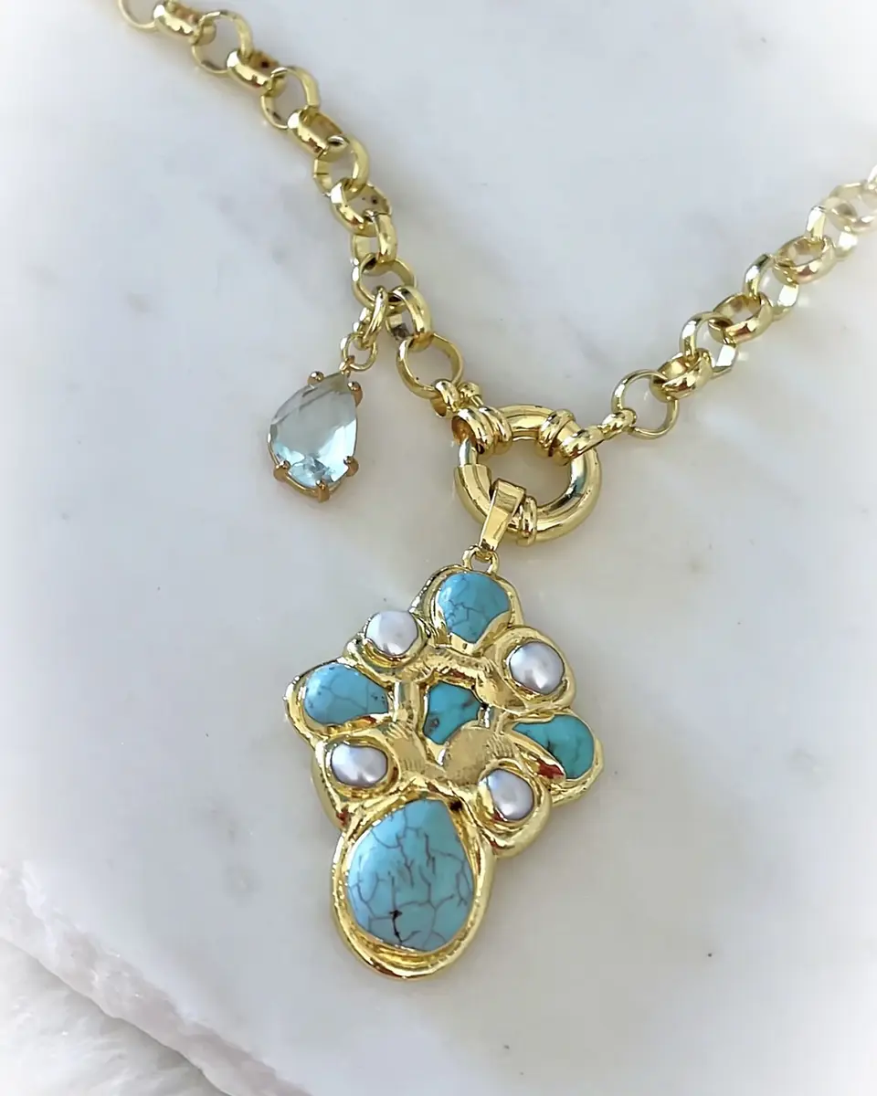Collar Cruz Turquesa Perlas cristal Gold 1