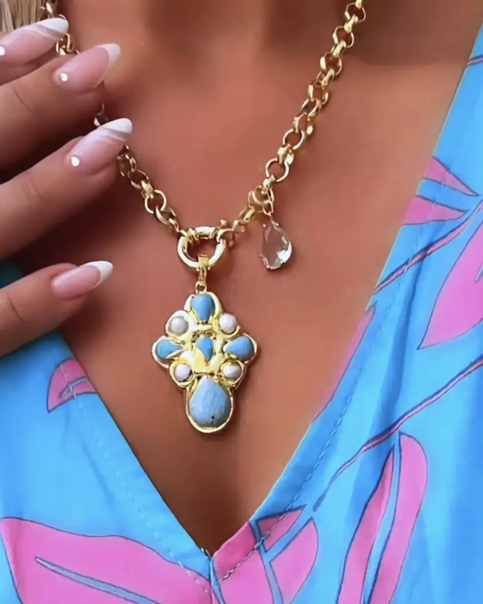 Collar Cruz Turquesa Perlas cristal Gold 4