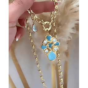 Collar Cruz Turquesa Perlas cristal Gold