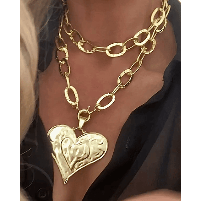 Collar XL Maxi Corazon y eslabones martillados Gold