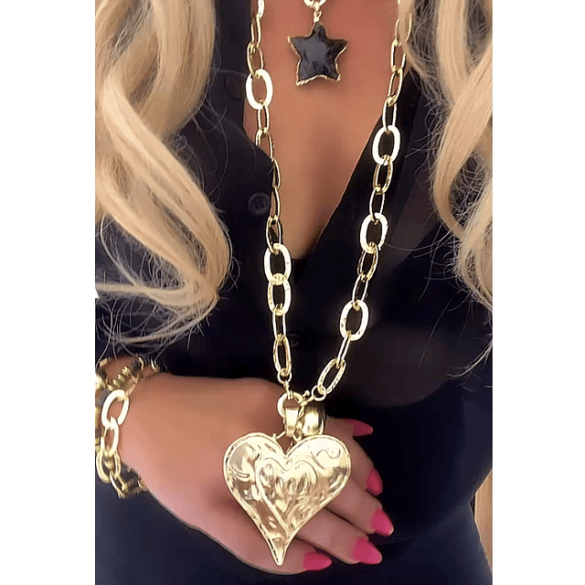 Collar XL Maxi Corazon y eslabones martillados Gold