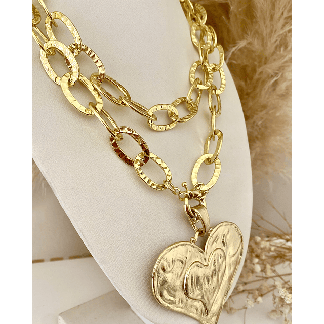 Collar XL Maxi Corazon y eslabones martillados Gold