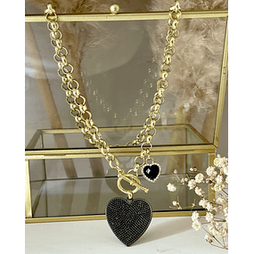 Collar Maxi Corazón Black Circones  eslabones rolo gold