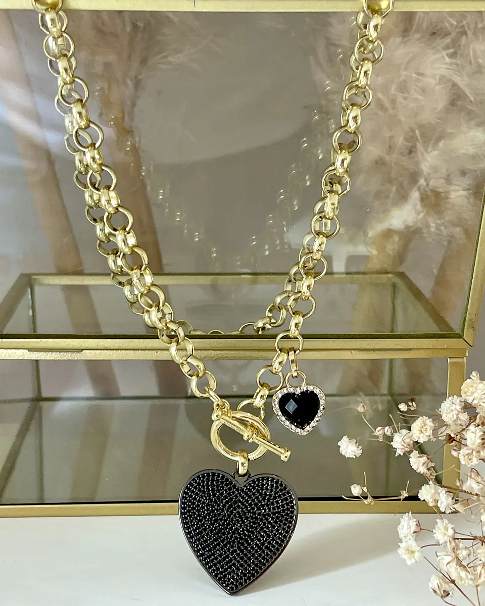 Collar Maxi Corazón Black Circones  eslabones rolo gold 4