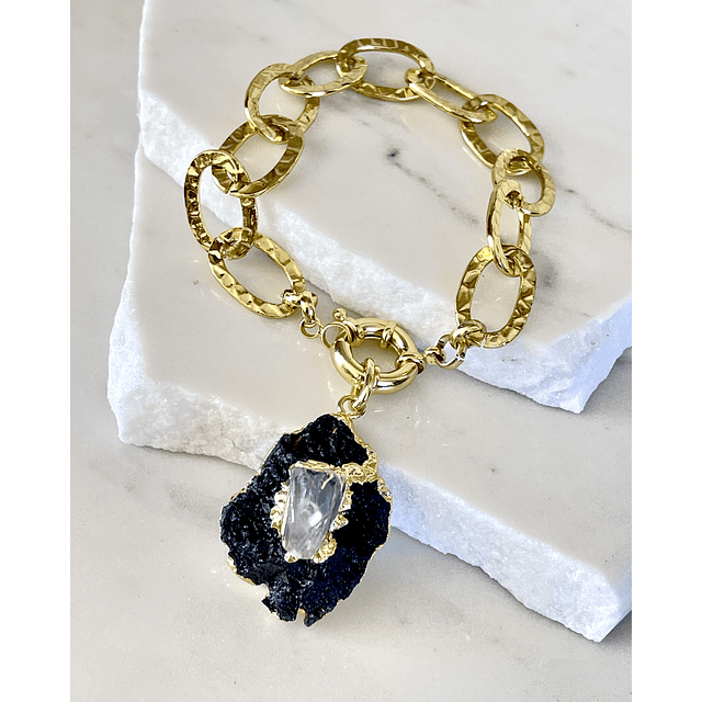 Pulsera Maxi Turnalina Cuarzo Eslabones Martillados Gold