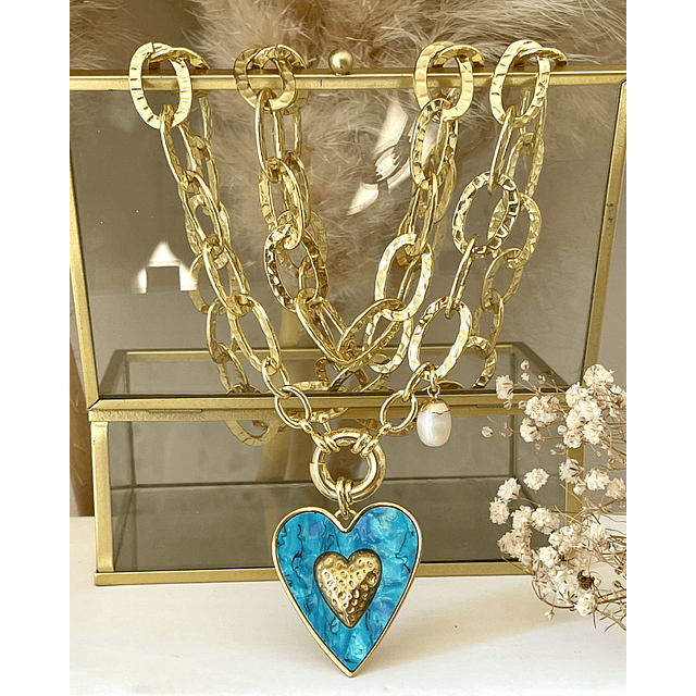 Collar XL Maxi Corazón Turquesa Maxi Eslabones Gold