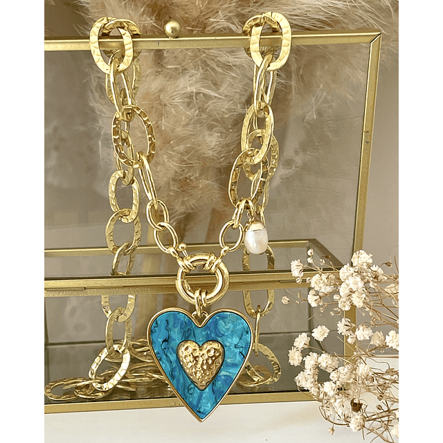 Collar XL Maxi Corazón Turquesa Maxi Eslabones Gold