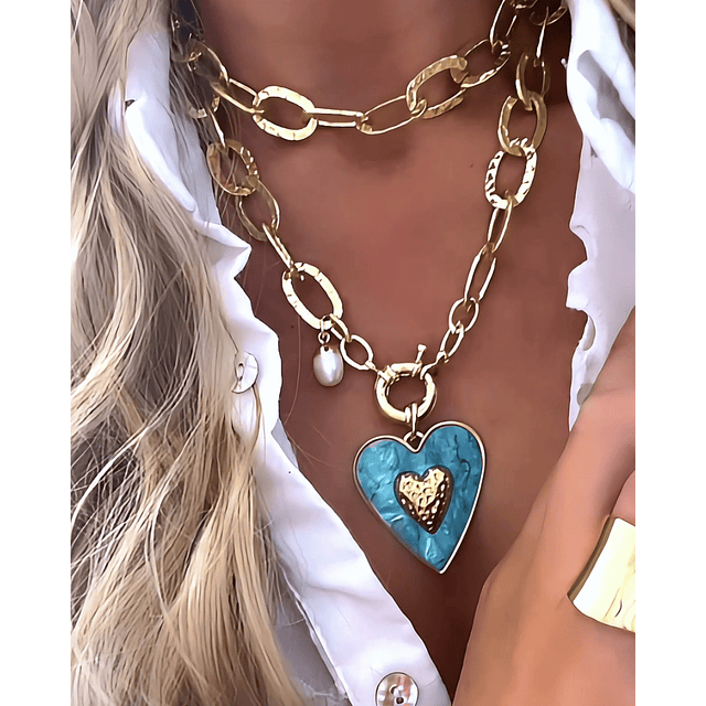 Collar XL Maxi Corazón Turquesa Maxi Eslabones Gold