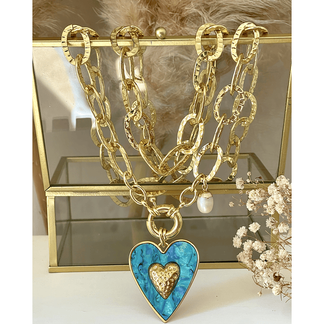 Collar XL Maxi Corazón Turquesa Maxi Eslabones Gold