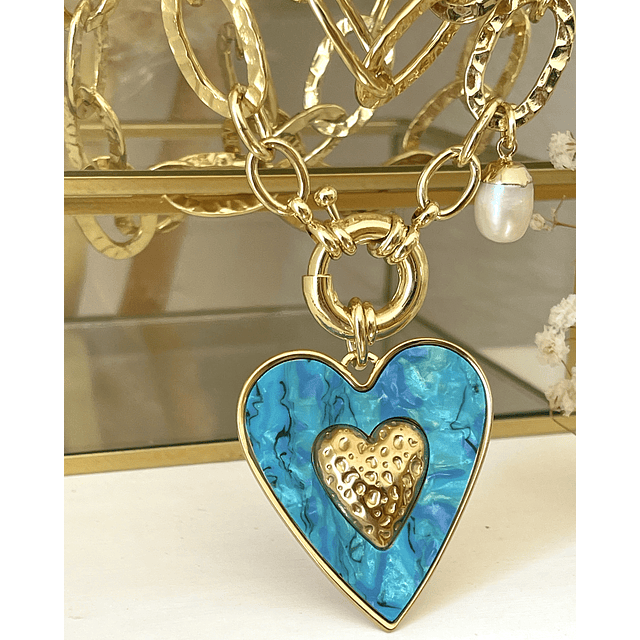 Collar XL Maxi Corazón Turquesa Maxi Eslabones Gold