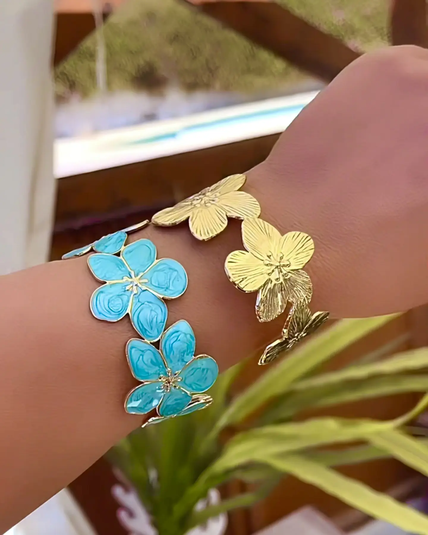 Dúo Brazaletes Flor Hawaii Turquesa Gold 2