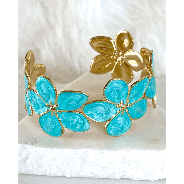Dúo Brazaletes Flor Hawaii Turquesa Gold