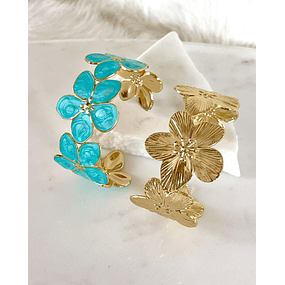 Dúo Brazaletes Flor Hawaii Turquesa Gold
