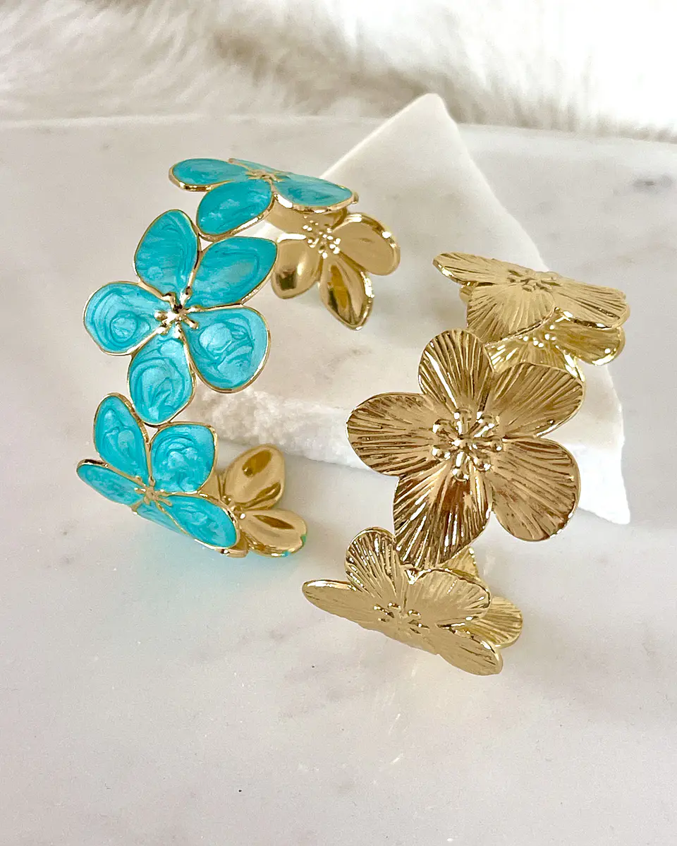 Dúo Brazaletes Flor Hawaii Turquesa Gold 1