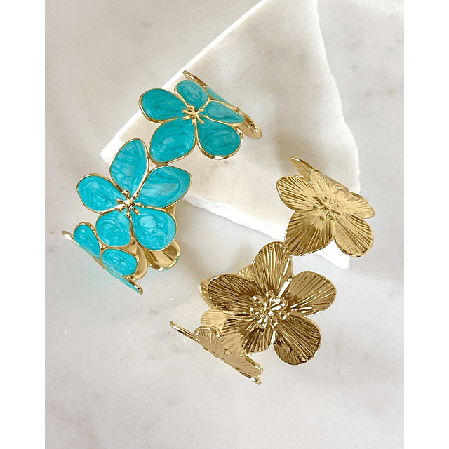 Dúo Brazaletes Flor Hawaii Turquesa Gold