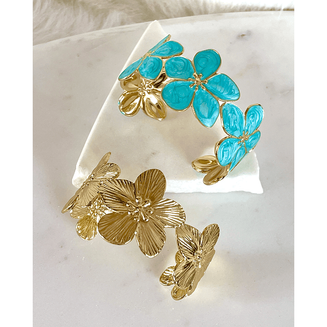Dúo Brazaletes Flor Hawaii Turquesa Gold