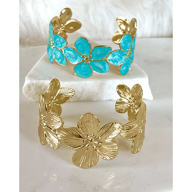 Dúo Brazaletes Flor Hawaii Turquesa Gold