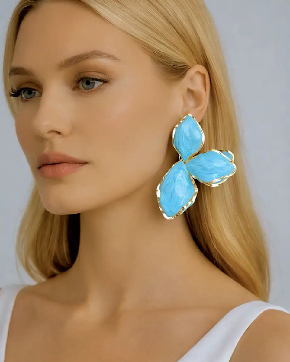 Aros Maxi Pétalos Turquesa Esmaltados Gold 2