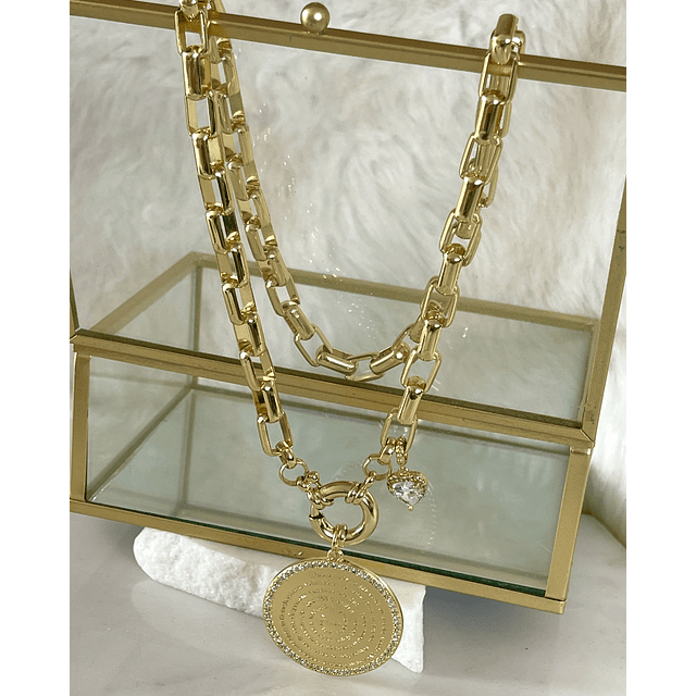 Collar Medallón Padre Nuestro Circones eslabones rectangulares macizos gold