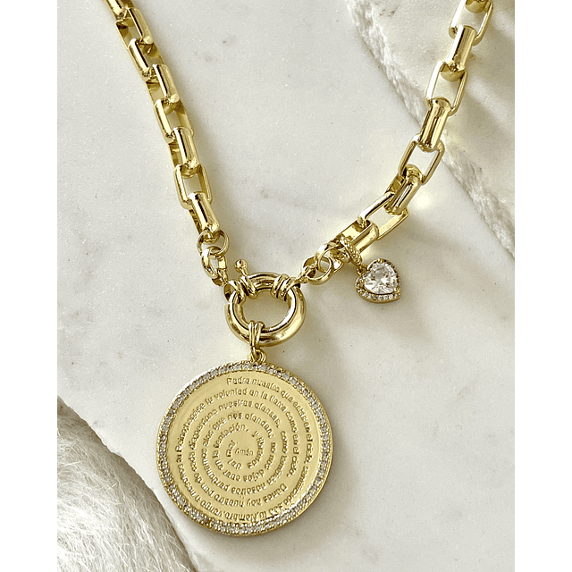 Collar Medallón Padre Nuestro Circones eslabones rectangulares macizos gold