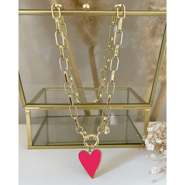 Collar Corazón Fucsia Esmaltado Gold
