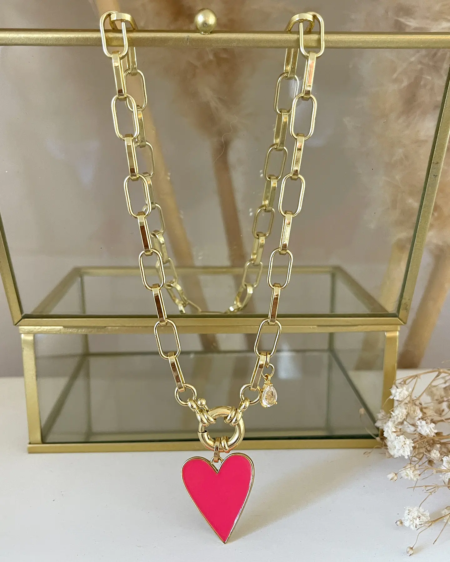 Collar Corazón Fucsia Esmaltado Gold 1
