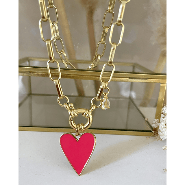 Collar Corazón Fucsia Esmaltado Gold