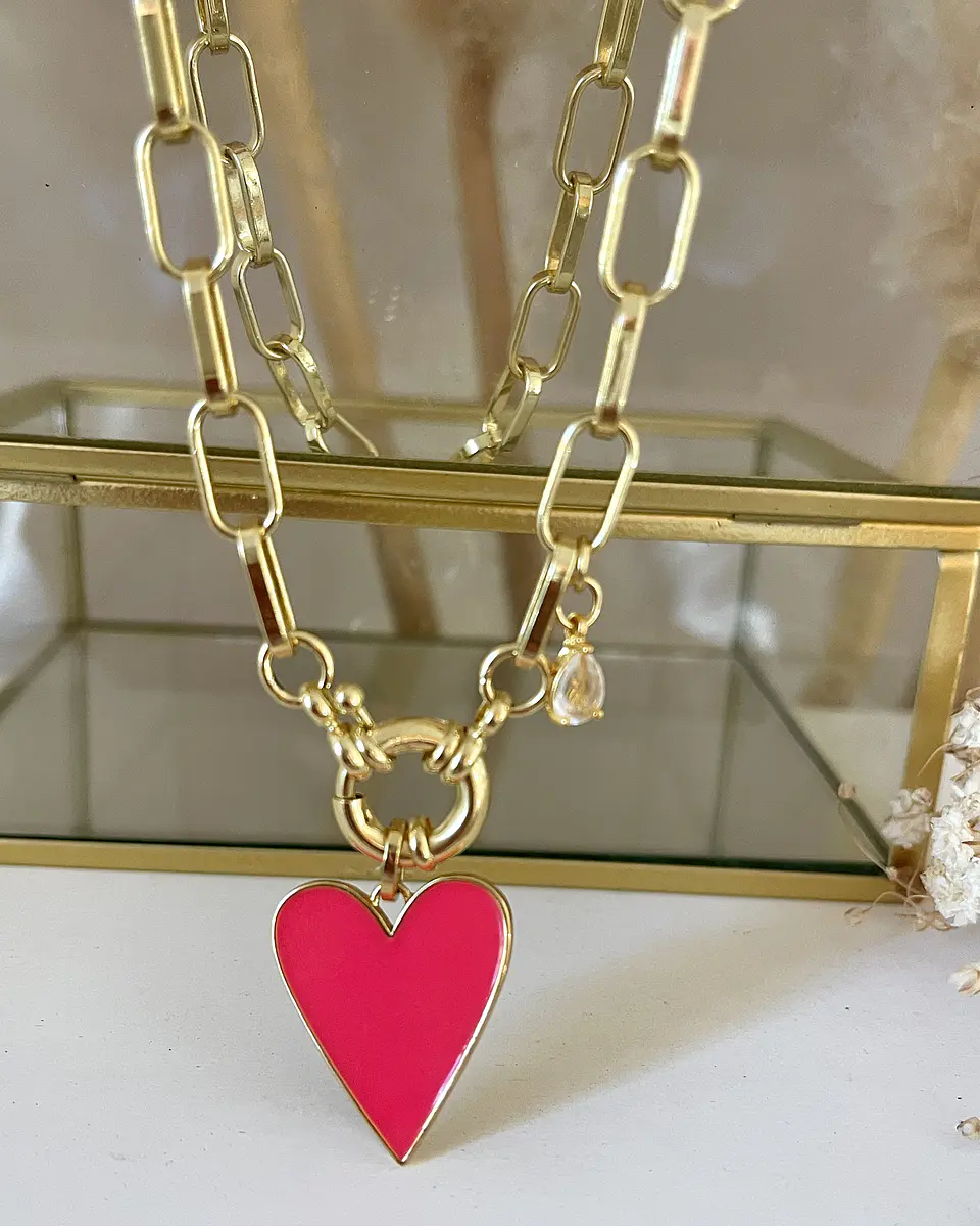 Collar Corazón Fucsia Esmaltado Gold 2