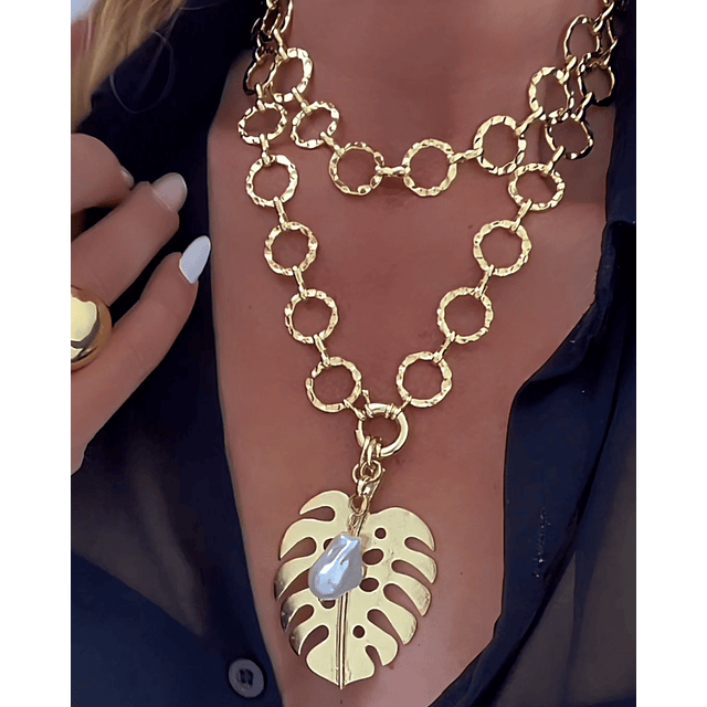 Collar XL Maxi Hoja con Perla Gold