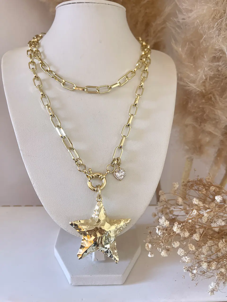 Collar XL Estrella Martillada Gold punto luz  3