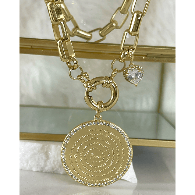 Collar Medallón Padre Nuestro Circones eslabones rectangulares macizos gold 