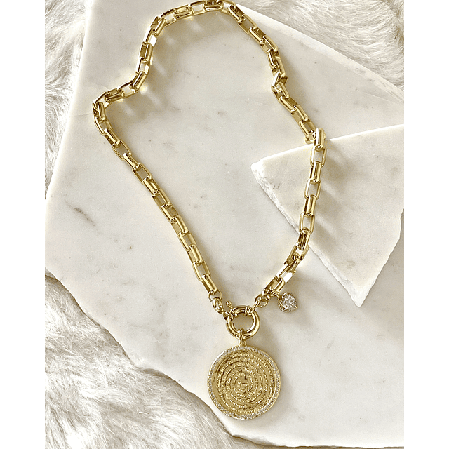 Collar Medallón Padre Nuestro Circones eslabones rectangulares macizos gold 