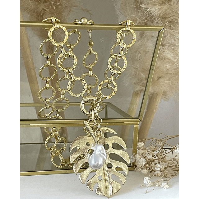 Collar XL Maxi Hoja con Perla Gold